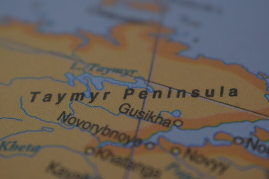 Taymyr Peninsula  Travel Concept Country Name On The Political World Map Very Macro Close-Up View Stock Photograph