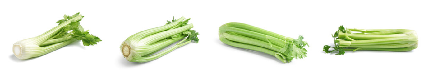 Collage of green celery on white background