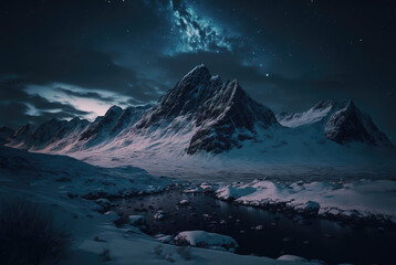 snowy mountains in the night