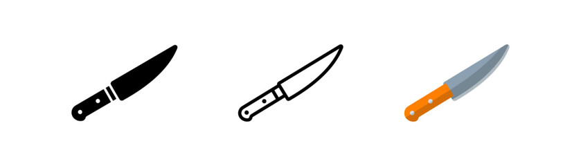 Knife icon on white background. Knife with red wooden handle in flat style. Kitchen appliance symbol. Cooking sign. Simple design.
