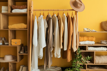 Interior of stylish dressing room with rack, clothes and shelving units