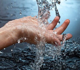 Water pouring in woman hand on blue background