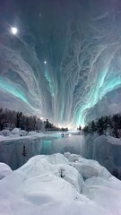 Magical, aurora, lights, blue, icy, green, colors reflecting, Christmas and New Year card background, cloud, sky, landscape, lake, water, river, snow, night, winter