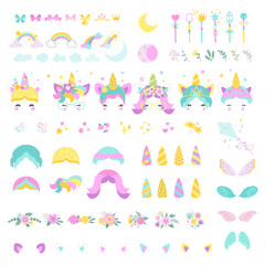 Pony unicorn face constructor, child game or print make bundle. Magic unicorns elements, ears hair and fairy stick. Party nowaday vector set