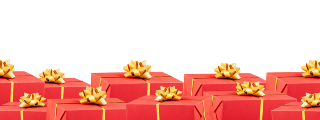 Banner with many red gift boxes tied with golden ribbons on white background. Gift oncept for Happy New Year, Christmas Gifts, Birthday, Women's Day , Sale and Black Friday borders with free space for