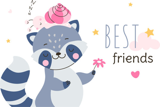 Childish best friend print for t-shirt. Cute raccoon and snail, funny wild animals together. Comic cartoon animal, baby nowaday vector graphic characters