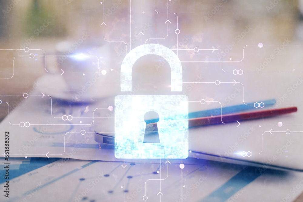Poster Double exposure of desktop with computer and lock icon hologram. Concept of data safety.
