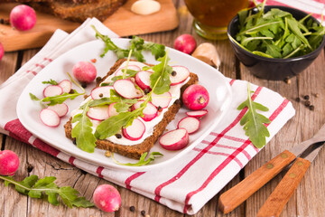 Rye bread with cottage cheese, radish and arugula.