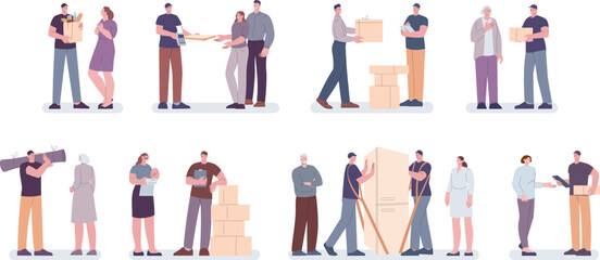 People moving new flat with cargo. Food delivery boy service, parcels and cargo. Person and packaging, delivering worker. Kicky vector courier with box