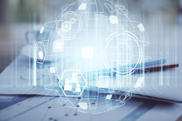 Computer on desktop with social network hologram. Double exposure. Concept of international people connections.