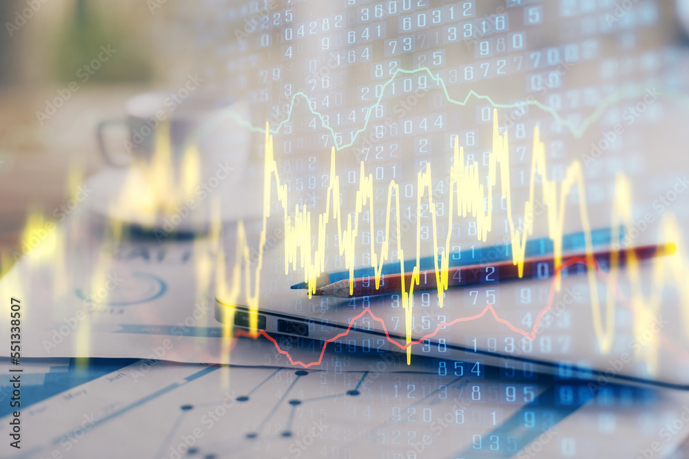 Poster forex graph hologram on table with computer background. double exposure. concept of financial market