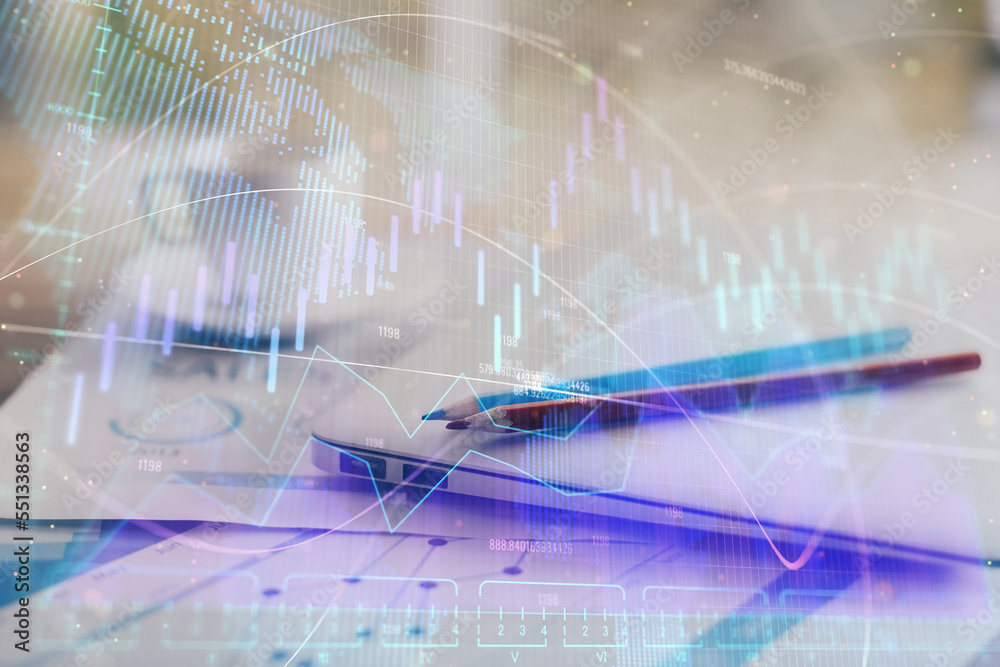 Poster Forex graph hologram on table with computer background. Double exposure. Concept of financial markets.