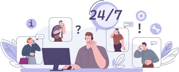 Professional online helping service. Virtual psychology help, man in headset with computer consult people. 24 hours support hotline, kicky characters vector concept