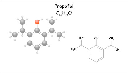 Stylized molecule model/structural formula of propofol. Use as anesthetic.