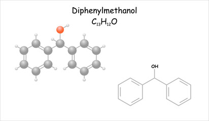 Stylized molecule model/structural formula of diphenylmethanol.