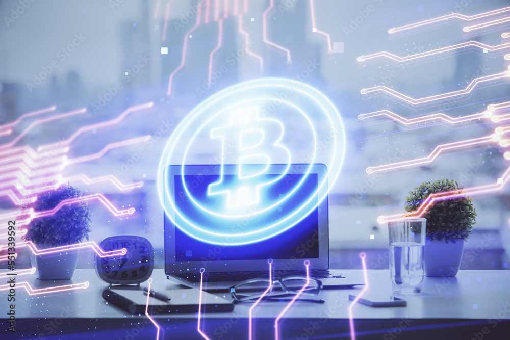 Poster Double exposure of blockchain and crypto economy theme hologram and table with computer background. Concept of bitcoin cryptocurrency.