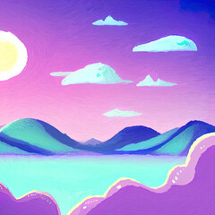Digital art painting - sea and mountains tropical landscape. Simple forms illustration. Graphic drawing paradise resort in pastel colors.