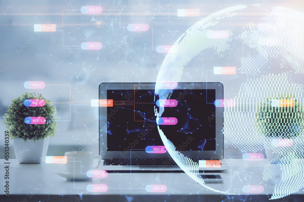 Aufkleber Double exposure of desktop with computer and world map hologram. International data network concept.
