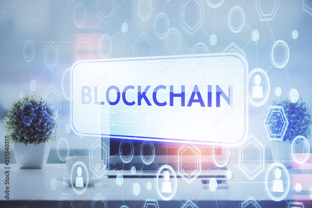 Poster Double exposure of blockchain and crypto economy theme hologram and table with computer background. Concept of bitcoin cryptocurrency.