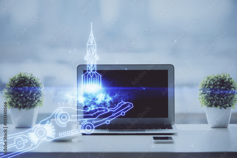 Poster Desktop computer background in office and start up theme hologram drawing. Double exposure. Startup concept.