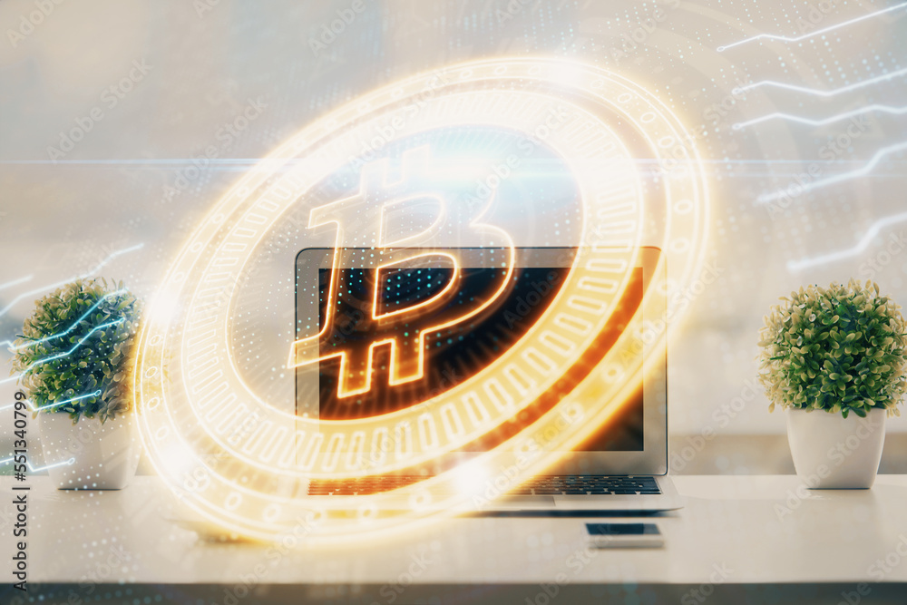 Poster Double exposure of blockchain and crypto economy theme hologram and table with computer background. Concept of bitcoin cryptocurrency.
