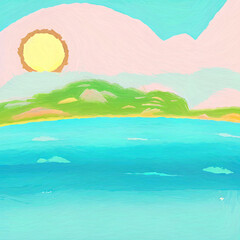 Obraz na płótnie Canvas Digital art painting - sea and mountains tropical landscape. Simple forms illustration. Graphic drawing paradise resort in pastel colors.
