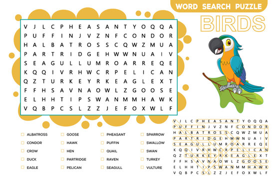 Words search puzzle game of birds animals for preschool kids activity worksheet colorful printable version.