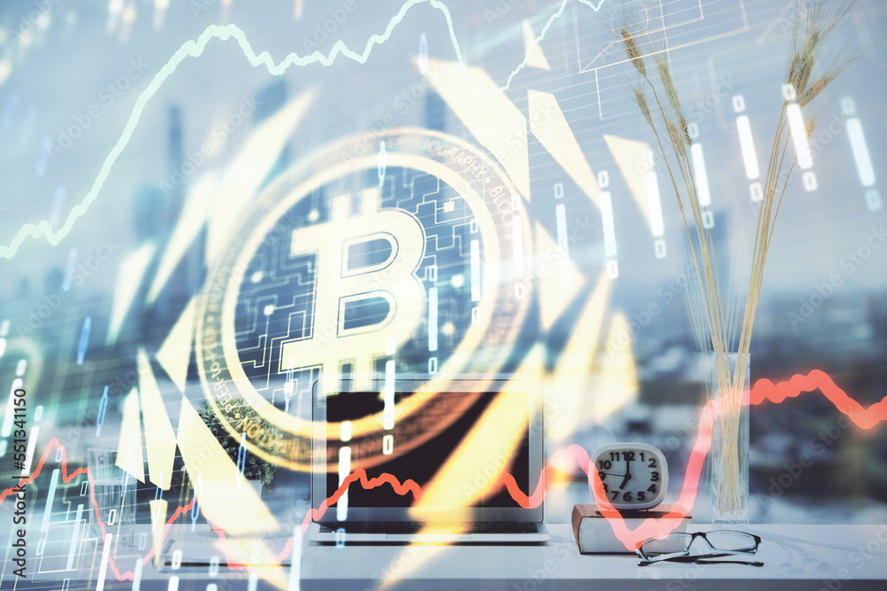 Aufkleber Double exposure of blockchain and crypto economy theme hologram and table with computer background. Concept of bitcoin cryptocurrency.