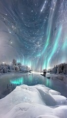 Winter snow covered landscape, northern lights in the sky reflecting on the lake,stars shining, Merry christmas and happy new year greeting background