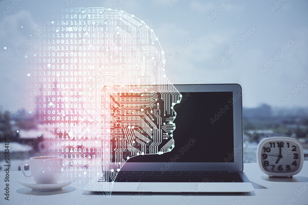 Poster Double exposure of desktop with computer and brain drawing hologram. Artificial intelligence concept.