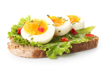 Delicious toast with boiled egg on white background