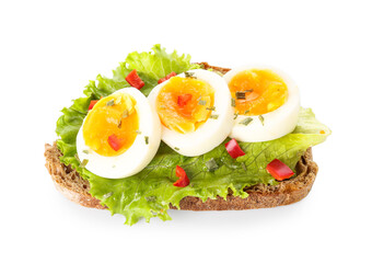 Delicious toast with boiled egg on white background