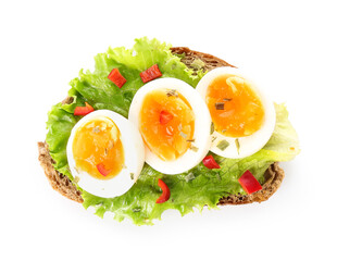 Delicious toast with boiled egg on white background