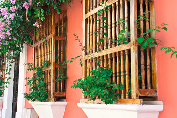 Fototapeta na wymiar Colonial windows with plants in Cartagena, Colombia