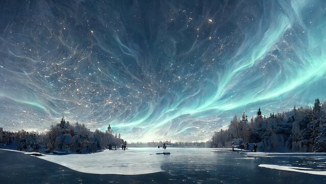 Magical winter snow covered landscape, northern lights in the sky reflecting on the lake, icy blue colors, 