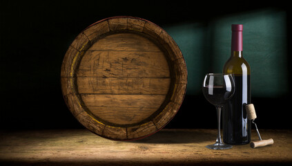 Excellent red wine bottles, wineglass, barrel and corkscrew on a rustic wooden table: traditional winemaking and wine tasting concept. High quality photo