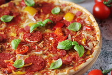 Pizza with salami and basil