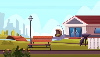 Terrace background. village outdoor relax place with barbecue and benches. Vector background