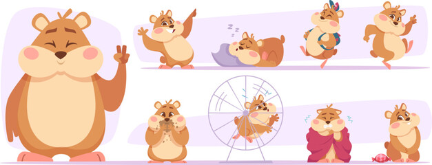 Obraz na płótnie Canvas Fluffy hamsters. Domestic pets sleeping playing and eating exact vector hamsters in cartoon style