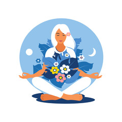 Girl sits on the floor in pose lotus and makes a breathing exercise. Health and wellbeing concept. Smiling girl cares about herself and her future. Vector illustration.