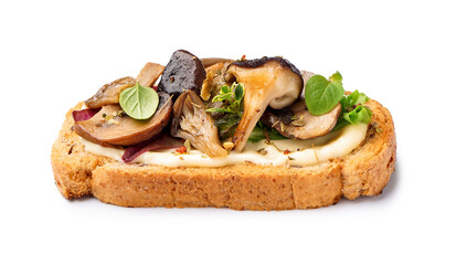 Tasty toast with cream cheese and mushrooms on white background