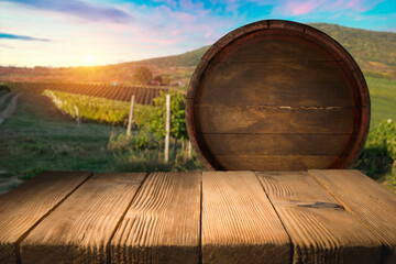 Glass Of Wine With Grapes And Barrel On A Sunny Background. Italy Tuscany Region. High quality photo