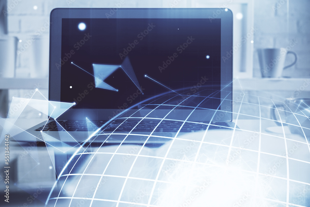 Poster Multi exposure of table with computer and world map hologram. International data network concept.