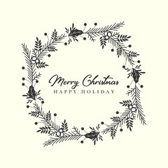 Christmas wreath with fir branches, leaves and holly berries in the style of hand drawn floral ornament for your greeting cards