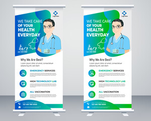 Healthcare and medical roll up and standee design banner, Corporate Medical roll up banner vector template design or poll up standee for healthcare hospital.