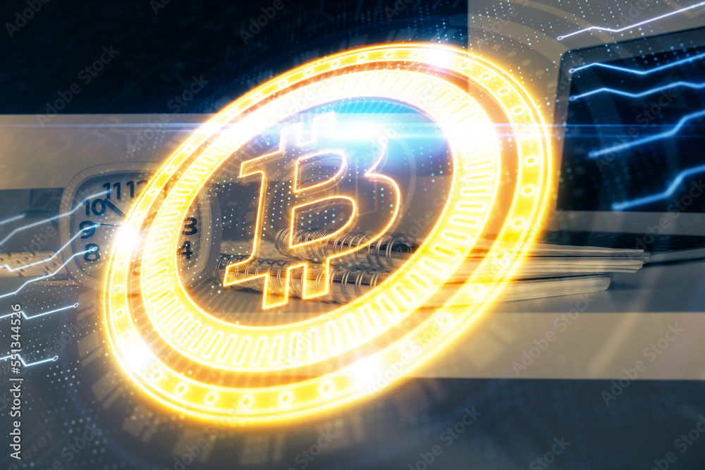 Aufkleber multi exposure of blockchain theme hologram and table with computer background. concept of bitcoin c