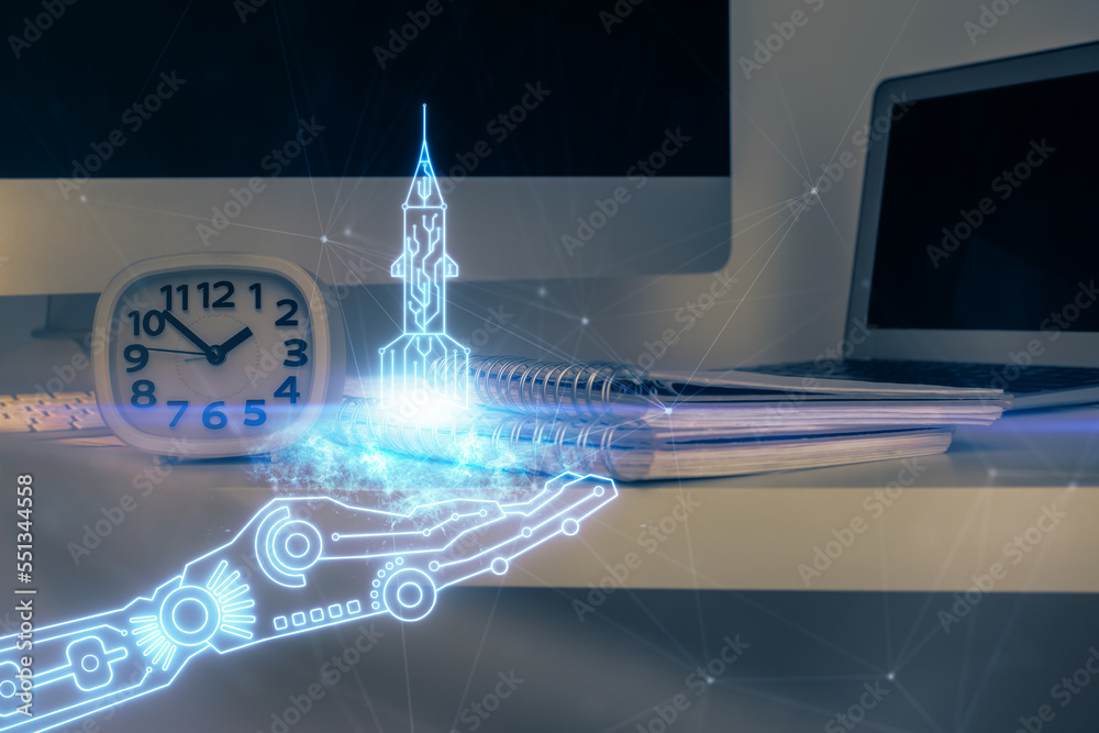 Aufkleber desktop computer background in office and start up theme hologram drawing. double exposure. startup 