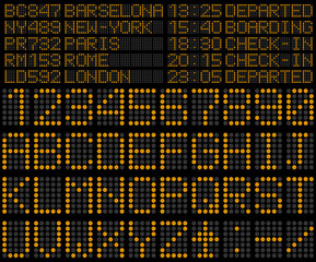 Departures and arrivals board with alphabet. Electronic railroad scoreboard. Digital board template. Airport display digital panel