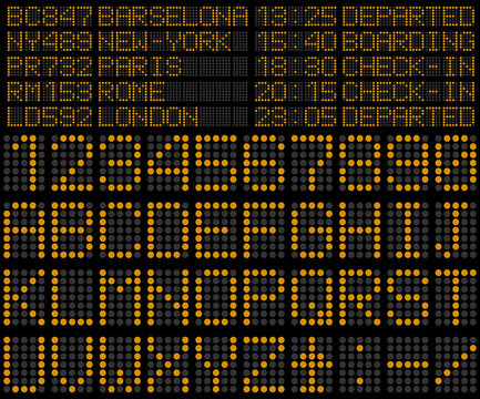 Departures and arrivals board with alphabet. Electronic railroad scoreboard. Digital board template. Airport display digital panel