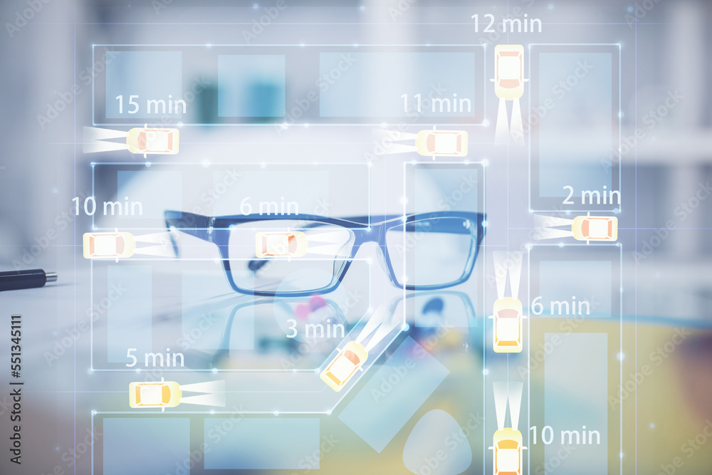 Poster automobile theme hologram with glasses on the table background. autopilot concept. double exposure.